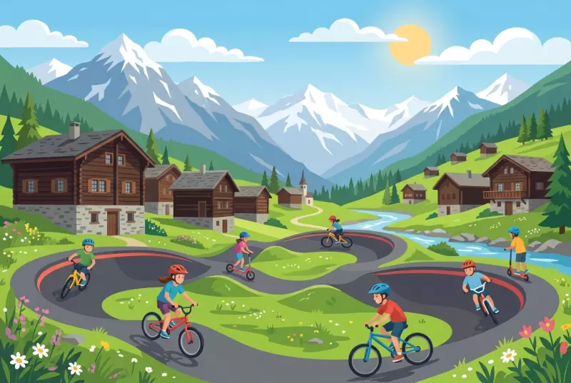 Illustration plate de pumptrack de Grimentz, enfants a velo et trottinette avec casque sur une piste a bosses