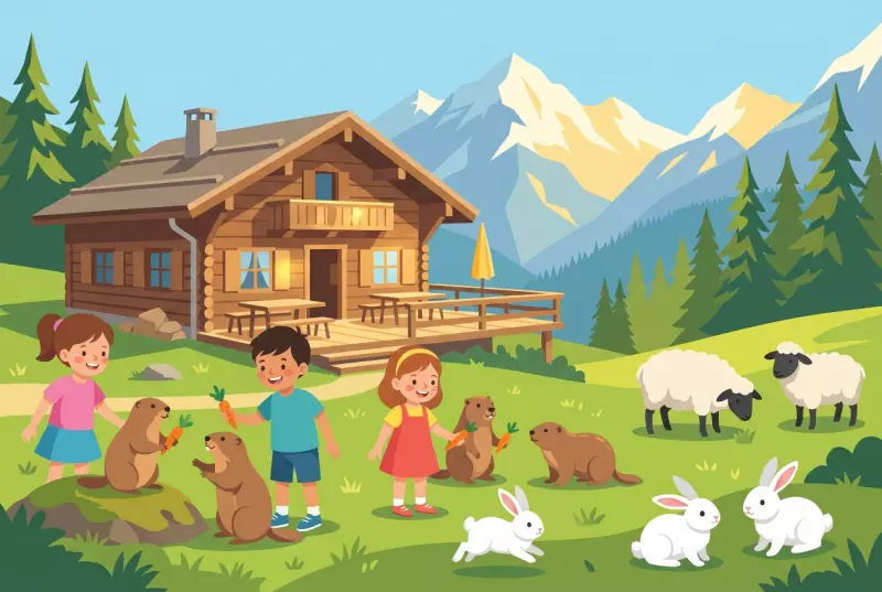 Illustration plate du Parc a Marmota a Anzere, enfants nourrissant des marmottes pres d'un chalet