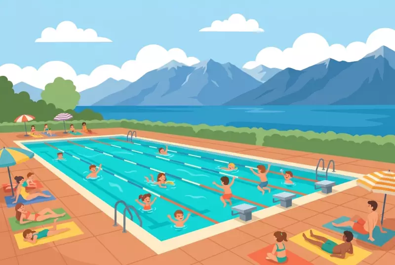 Illustration plate of the Vevey-Corseaux Plage swimming pool: large outdoor 50 m pool with turquoise lanes, children swimming and families on sun loungers, with Lake Geneva and the Alps in the background.