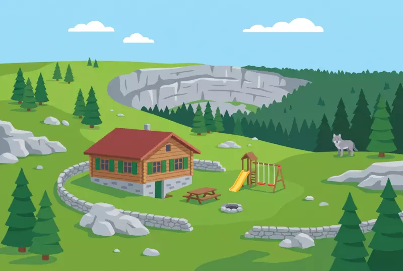 Illustration du chalet-musée de la Banderette sur l'alpage au-dessus de Travers, avec sa place de jeux et les falaises du Creux du Van