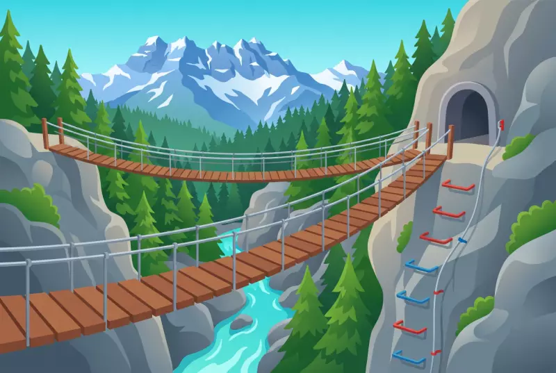 Illustration de la via ferrata de Tière et de ses passerelles suspendues au-dessus des gorges, au pied des Dents du Midi