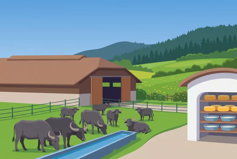 Illustration de la ferme des buffles à Travers, avec son troupeau au pré, l'étable et la petite fromagerie du Val-de-Travers