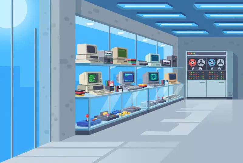 Illustration de la salle du musée d'informatique d'Ecublens, avec ses vitrines d'ordinateurs, d'écrans cathodiques et de consoles anciennes
