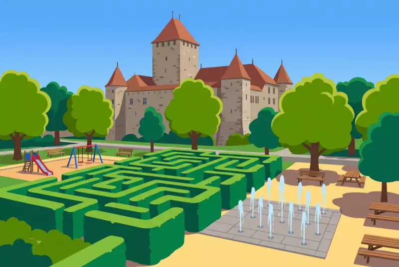 Illustration du parc du Cabalet à Bulle, avec son labyrinthe de haies, ses jeux d'eau et le château en arrière-plan