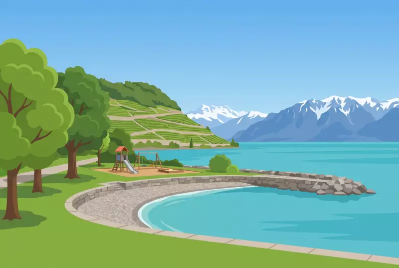 Illustration de la crique des Bains des Dames à Cully, avec sa plage de galets, sa pelouse et sa place de jeux au bord du Léman