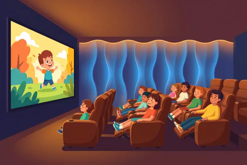 Illustration de la salle du Ciné 17 à Genève : enfants installés dans les fauteuils en cuir inclinables face au grand écran, avec le mur acoustique ondulé bleu lumineux