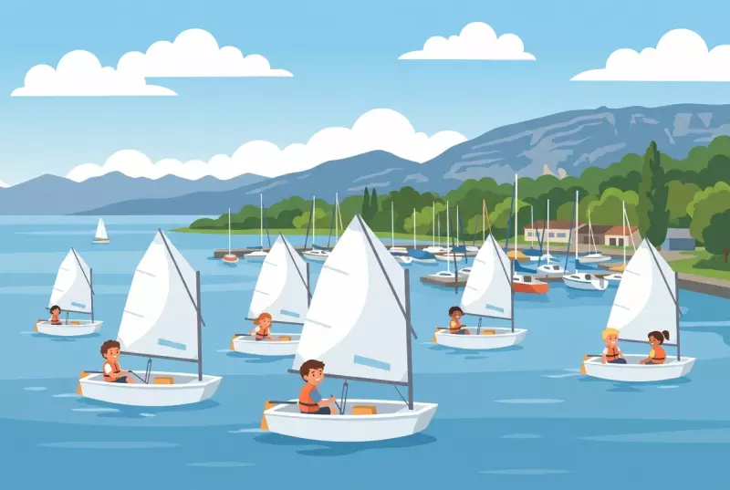 Illustration of the Founex Nautical Club on Lake Geneva: a fleet of small white-sailed Optimists led by children in life jackets, a small harbor with moored boats, and mountains in the distance.