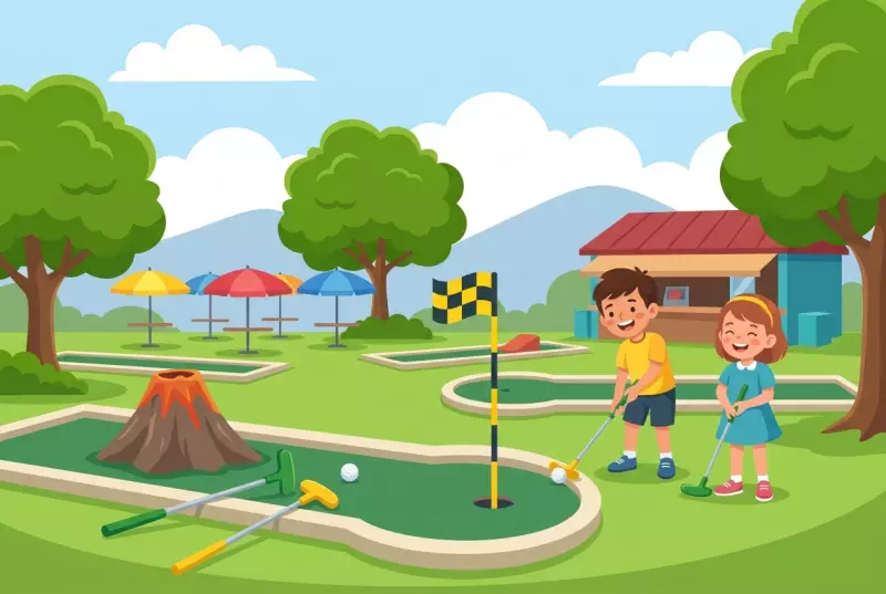 Illustration du Mini-Golf de La Chaux-de-Fonds : parcours de minigolf en plein air aux pistes vertes dans un parc arboré, avec un obstacle volcan, des parasols colorés, une buvette et des enfants qui jouent.