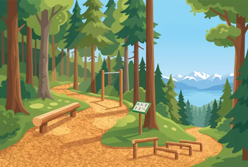 Illustration du Parcours Vita de Trélex : sentier forestier couvert de copeaux, poutre d'équilibre en rondin, barre de traction et haies en bois, avec vue sur le lac Léman et les Alpes
