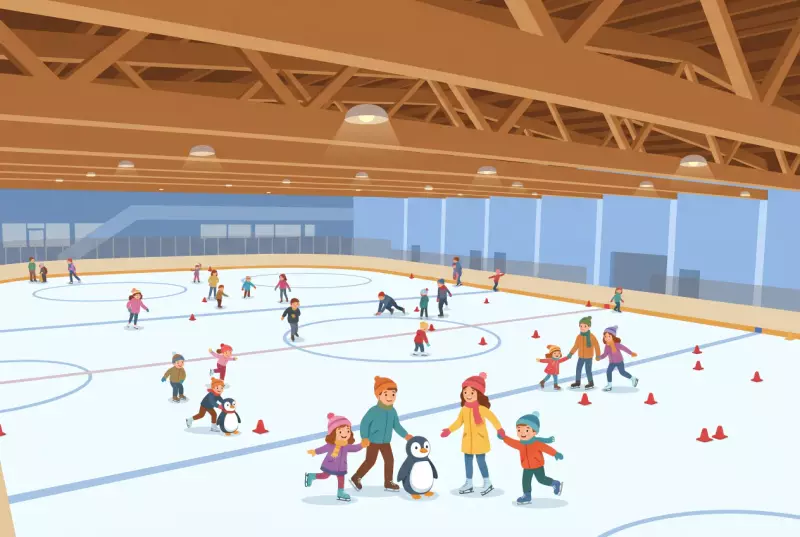 Illustration plate du patinage public à la patinoire Saint-Léonard de Fribourg : halle de glace couverte à charpente en bois apparente, familles et enfants qui patinent, débutants avec aides pingouins