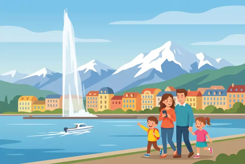 Illustration plate de la rade de Geneve avec le Jet d'Eau, le lac Leman, les quais et les Alpes enneigees