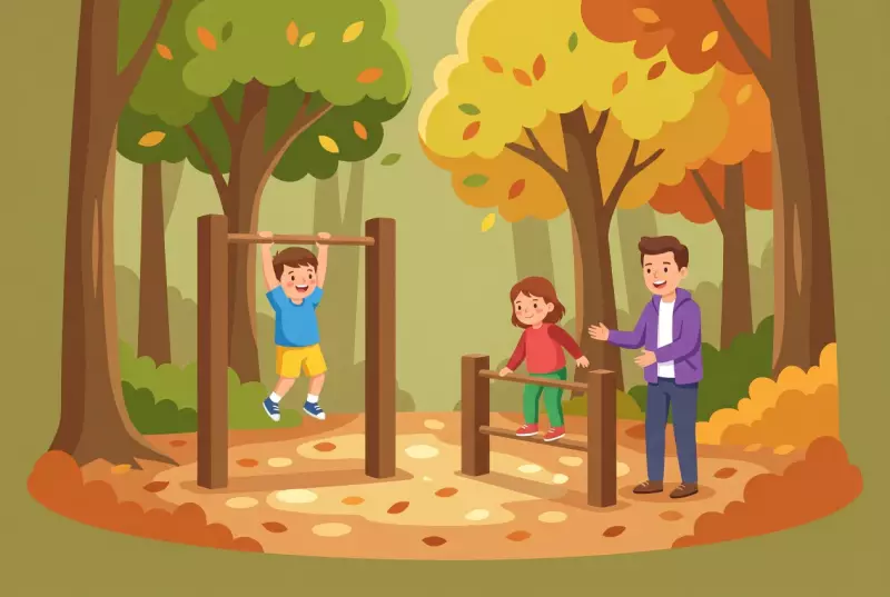 Illustration plate of the Parcours Vita in Vernier in the Bois-des-Frères forest: children are having fun on the wooden fixed and parallel bars along the leaf-covered path, encouraged by a parent.