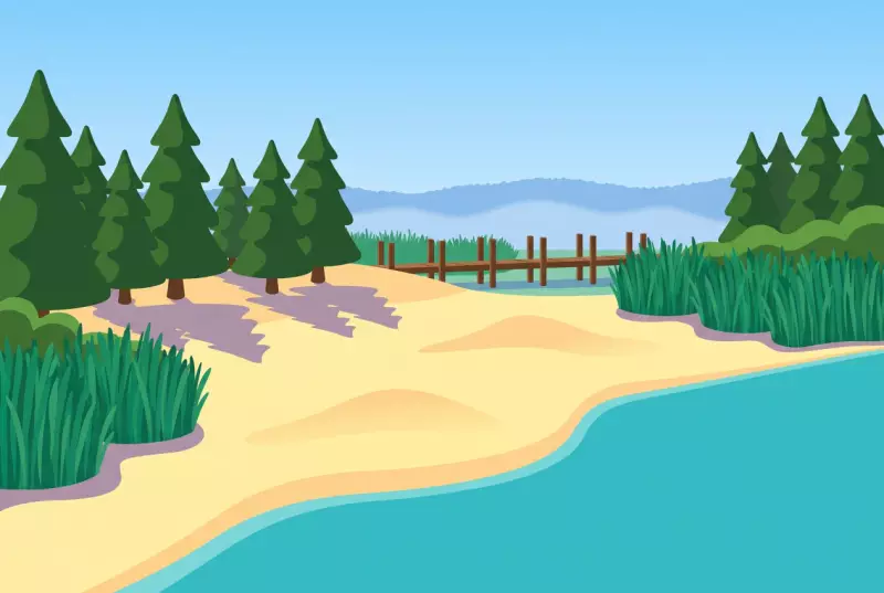 Illustration de la plage de sable bordée de pins et de roseaux à Cheseaux-Noréaz, au bord du lac de Neuchâtel