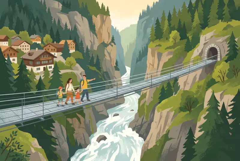 Illustration des Gorges de la Vièze à Monthey : longue passerelle suspendue au-dessus du torrent, famille en balade, gorge boisée