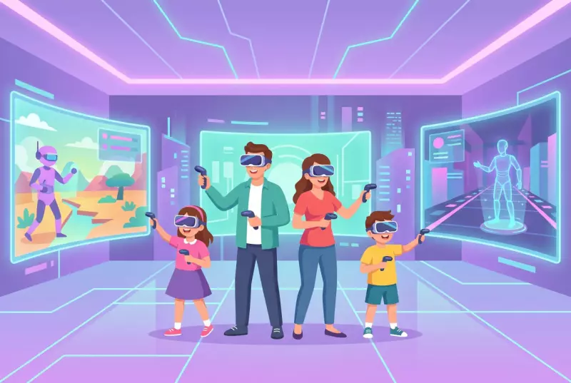 Illustration plate de la salle de realite virtuelle Second World a Ecublens, une famille avec casques VR et ecrans futuristes