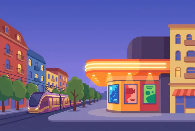Illustration du cinema Le Nord-Sud a Geneve, facade eclairee et affiches, avenue avec tram au crepuscule
