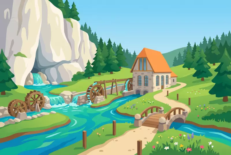 Illustration du sentier de l'Ecomusée de la Haute-Areuse à Saint-Sulpice, ses roues à eau et la source de l'Areuse au pied de la falaise