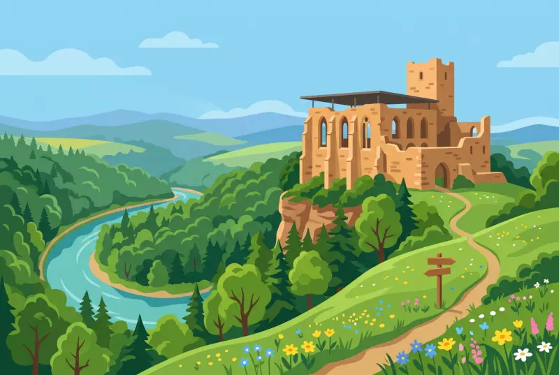 Illustration des ruines du château d'Illens sur leur falaise, au-dessus d'un méandre de la Sarine