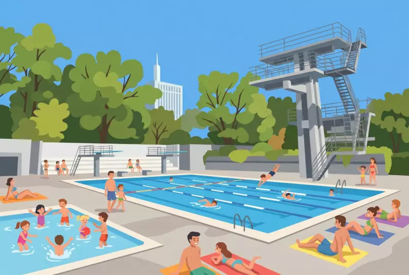 Illustration of the Vernets swimming pool at Acacias in Geneva: large blue outdoor pools, tall gray diving tower, wading pool, and children swimming in the sun.