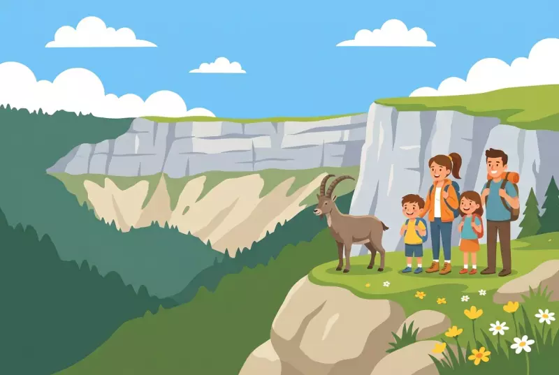 Illustration of the Creux du Van in Noiraigue (Val-de-Travers, Neuchâtel): the vast horseshoe-shaped rocky cirque with high limestone cliffs, a ibex on the plateau, and a family of hikers admiring the natural amphitheater.