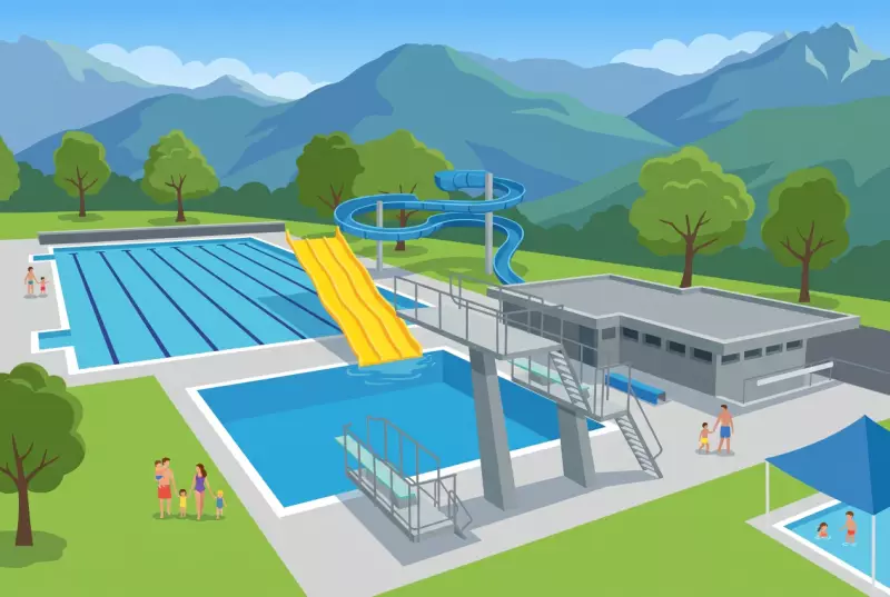 Illustration of the Monthey swimming pool, large pool and slide