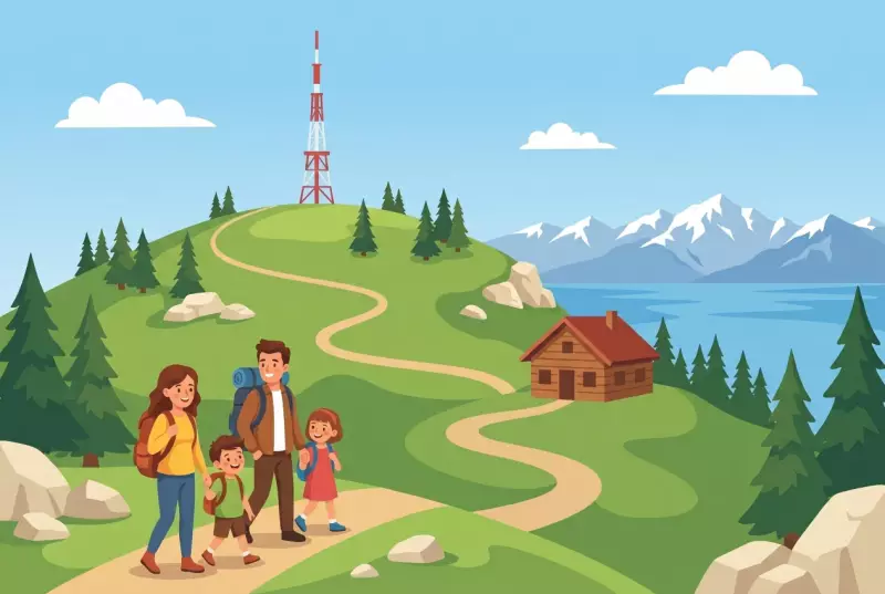 Illustration of the summit of La Barillette above Saint-Cergue: antenna, Jura pastures, mountain hut, and view of Lake Geneva and the Alps, with a family on a walk.