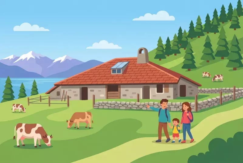 Illustration of the alpine pasture trail in Bassins: stone alpine chalet, cows grazing, dry stone walls, and a view of Lake Geneva and the Alps, with a family strolling.