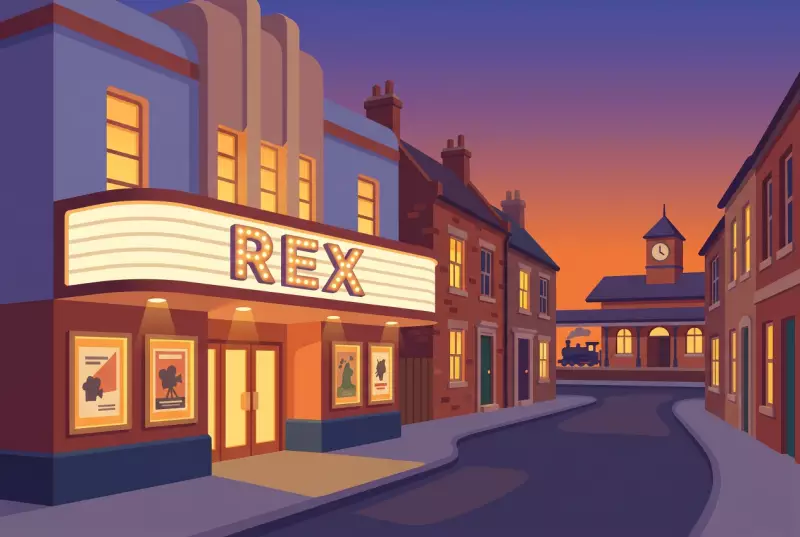 Illustration du cinéma Rex à Vevey, enseigne lumineuse REX et affiches, rue de centre-ville avec gare au crépuscule