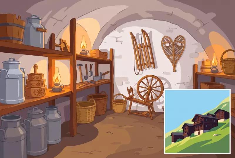 Illustration de la cave voutee du Petit Musee Lucquerand a St-Luc et de sa collection d'objets d'autrefois