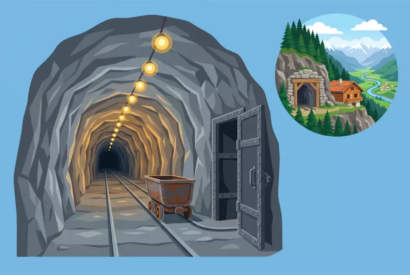 Illustration des galeries souterraines du fort de Dailly au-dessus de Lavey-Morcles, avec le tunnel éclairé et l'entrée dans la montagne