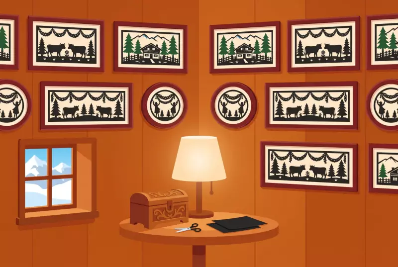 Illustration de la salle boisée du Musée du Pays-d'Enhaut à Château-d'Œx, avec ses découpages de papier noir encadrés