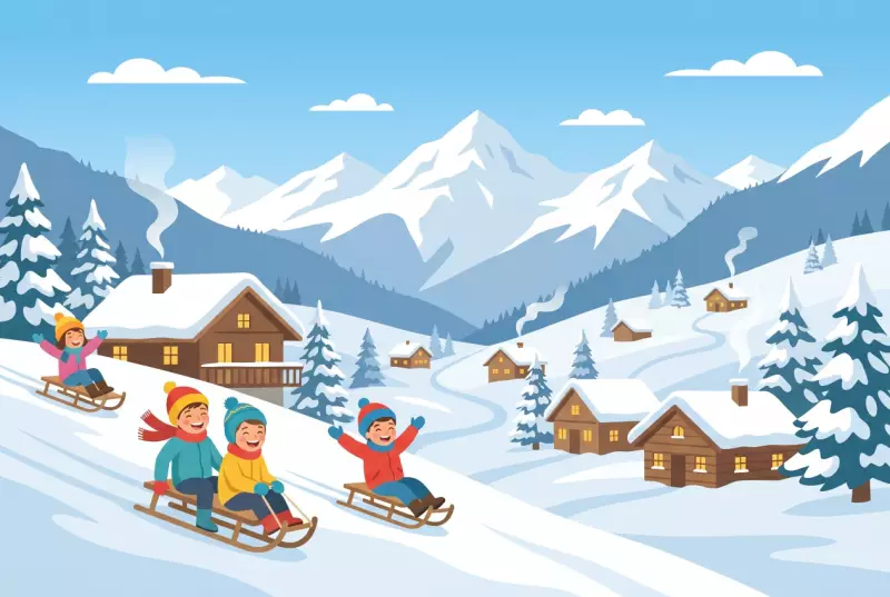 Illustration plate de la piste de luge de Vercorin, enfants descendant une pente enneigee vers le village en hiver