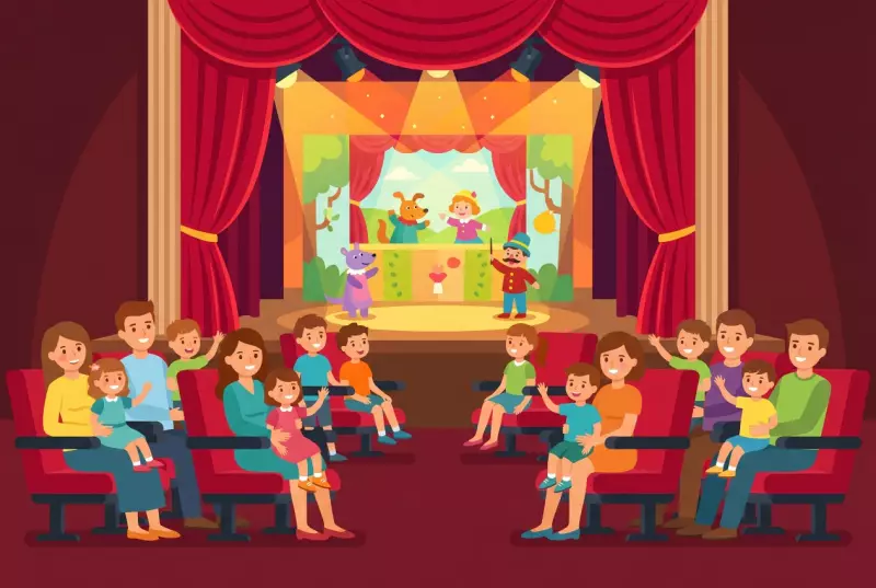 Illustration plate de Theatre du Pre-aux-Moines a Cossonay, enfants assistant a un spectacle