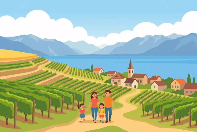 Illustration de la balade œnotouristique entre Luins et Vinzel : rangs de vigne en terrasses de La Côte, village viticole avec clocher, lac Léman et Alpes au loin, une famille se promène.