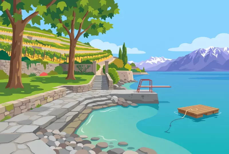Illustration de la Plage de la Grotte à Corseaux, avec ses dalles plates, son plongeoir et son radeau flottant sur le Léman