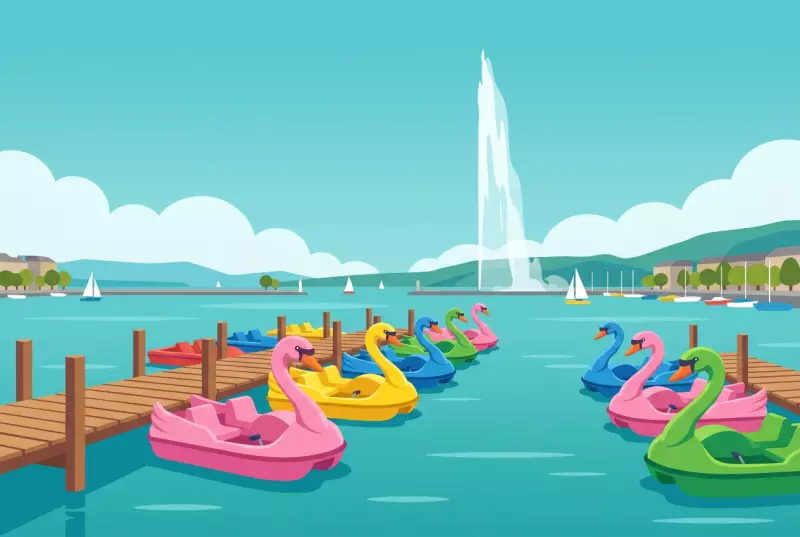 Illustration de pédalos colorés dans la rade de Genève, face au Jet d'eau