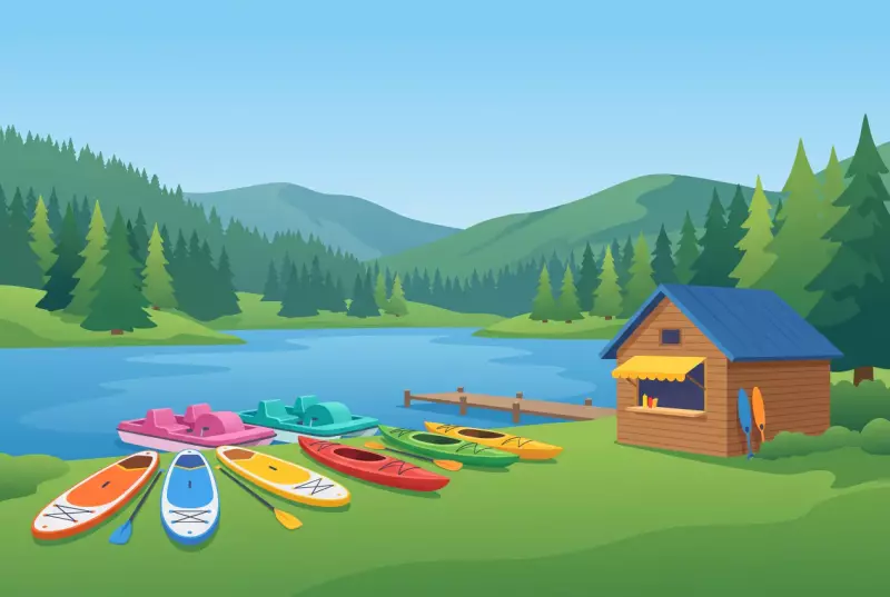 Illustration de la base nautique du Rocheray : paddles, kayaks et pédalos au bord du lac de Joux