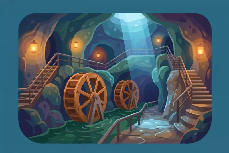 Illustration des Moulins souterrains du Col-des-Roches au Locle, avec leurs roues à eau, leurs passerelles et la grotte éclairée