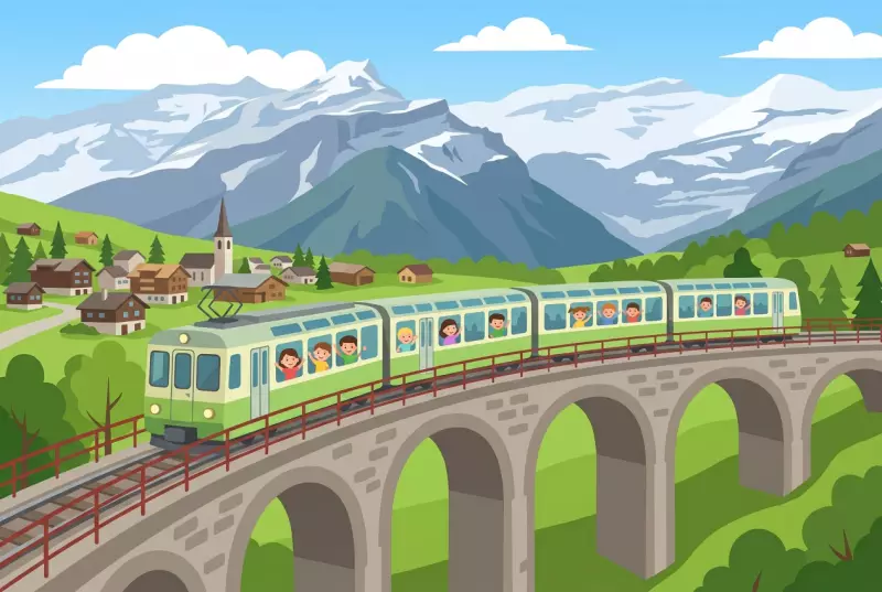 Illustration du train ASD Aigle-Les Diablerets : petit train panoramique vert et crème franchissant un viaduc en arches, village alpin et sommets enneigés des Alpes vaudoises, enfants saluant aux fenêtres