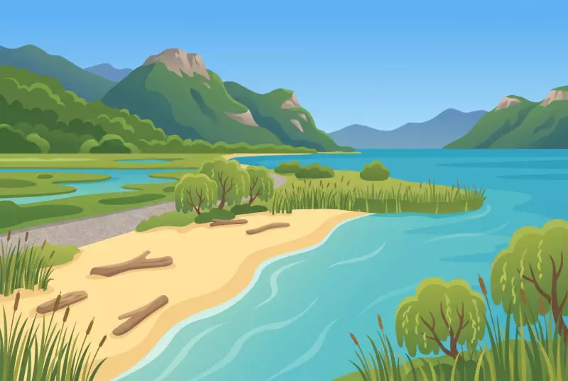 Illustration de la plage de sable de l'Empereur à Noville, ses roseaux et le Léman bordé de montagnes