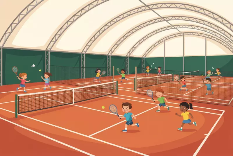 Illustration plate of Tennis and Badminton in Aïre à Vernier: covered courts with orange synthetic grass under a large white tent structure, with children playing tennis and badminton.