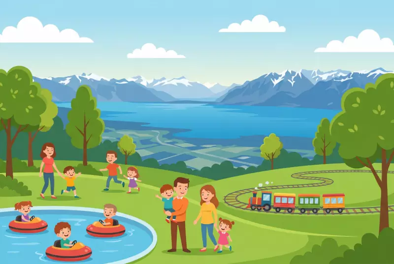 Illustration of the Pré-Vert Park of Signal de Bougy: large green lawns with a panoramic view of Lake Geneva and the snow-capped Alps, red bumper boats from Kid'zland and a small train, families strolling.