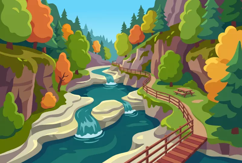 Illustration des gorges de l'Orbe, sa rivière bleu profond, ses cascades et le sentier boisé le long de l'eau