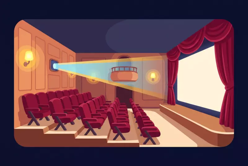 Illustration de la salle du cinéma Colisée à Couvet, avec ses fauteuils rouges, son rideau et son écran
