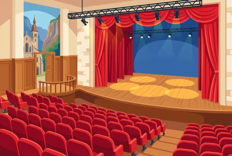 Illustration de la salle du Théâtre du Martolet à Saint-Maurice, avec sa scène, son rideau rouge et ses gradins