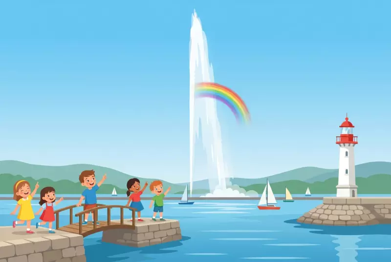 Illustration plate du Jet d'Eau de Genève: le grand panache d'eau jaillit du lac Léman sous un ciel bleu, avec le phare des Pâquis, des voiliers et des enfants joyeux observant un arc-en-ciel depuis les quais.