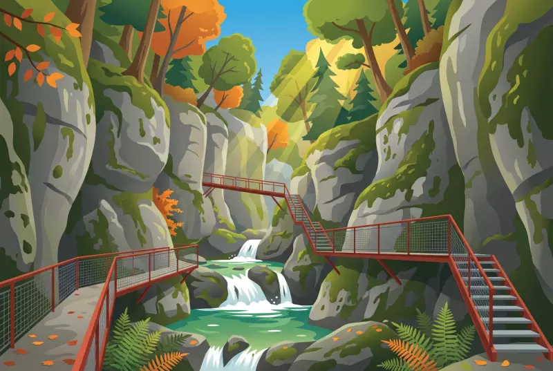 Illustration des gorges de la Poëta-Raisse au-dessus de Môtiers, avec leurs passerelles métalliques, escaliers et cascades