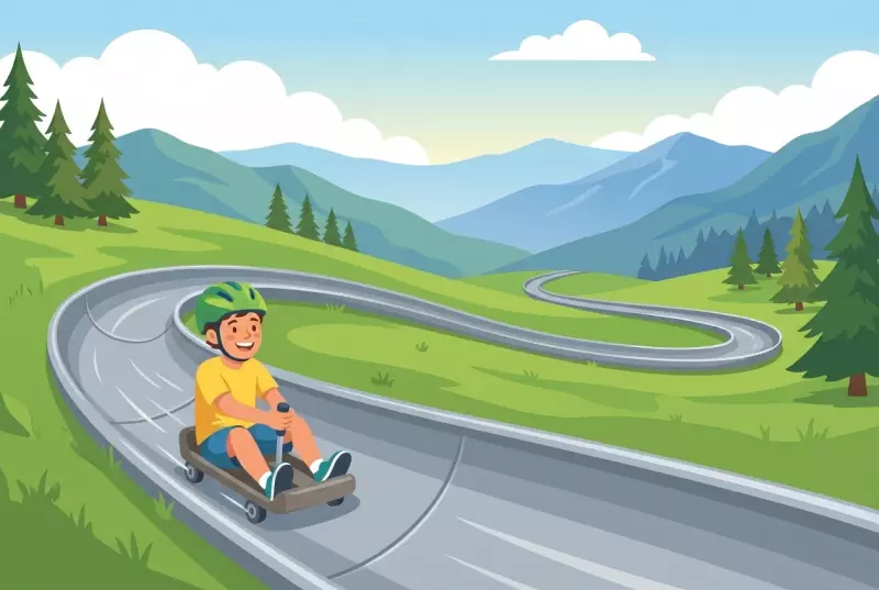 Illustration du toboggan géant de la Vue-des-Alpes : un enfant souriant dévale en luge sur roulettes la longue piste métallique sinueuse à travers une prairie d'alpage, avec un panorama de montagnes du Jura neuchâtelois.