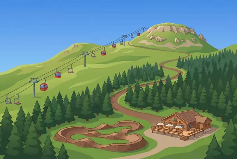 Illustration du télémixte, du pumptrack et des pentes verdoyantes de La Berra au-dessus de La Roche