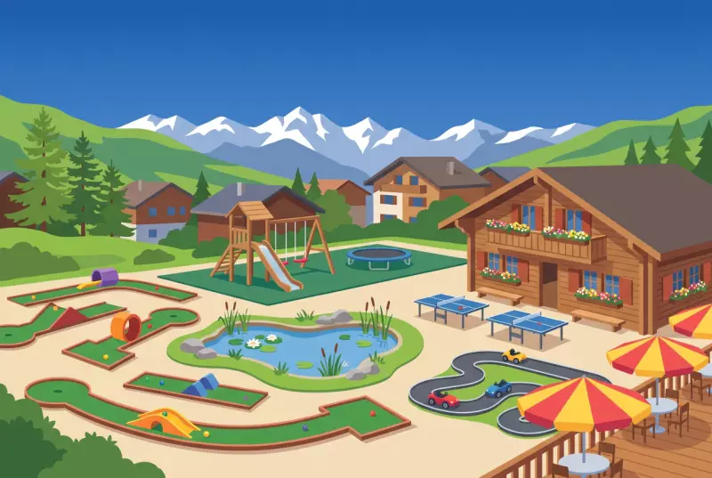 Illustration des Jardins d'Ycoor à Crans-Montana, avec l'étang, le minigolf, la place de jeux et le chalet d'animation